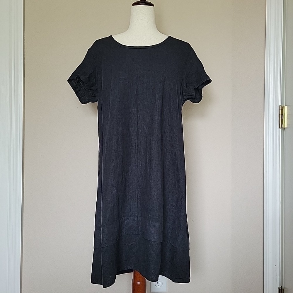 FLAX Black Linen Dress Size S Lagenlook Minimalist Beachy Comfort New Oversized